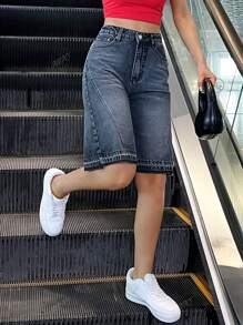 Women's Casual Washed Loose Pocket Rib Detail Mid-Length Denim Shorts