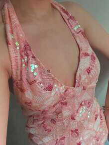 Women's Sequins Halter Tops Y2k Vintage Stylish Backless V Neck Sleeveless Slim Fit Cami Vest Summer Tank Top