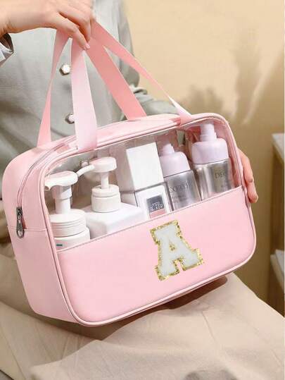 1PC Transparent PVC Toiletry Bag For Makeup Tools Letters Makeup Bag Water-Proof Portable Chenille Letter Zipper Make Up Organizer Minimalist Initial Letter Patch Travel Toiletry Bag For Women For Bathroom Monogram Wash Bag (Letter A~Z) Gift For Mom Beach Bag Beach Essentials Beach Towel Organizer Beach Accessories Beach Stuff Holiday Bag