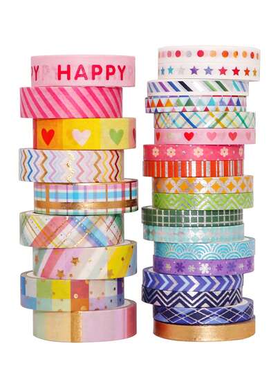 27 Rolls Rainbow Washi Tape Set, Metallic Foil & Patterned Decorative Paper Tape For Journaling, Planners, DIY Arts, Crafts, Scrapbooking, Gift Wrapping Back To School