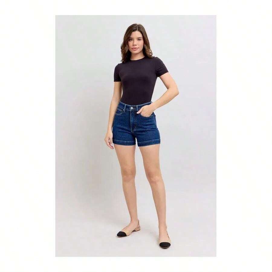Full Size High Waist Tummy Control Denim Shorts Plus Size - DK - 查看 1