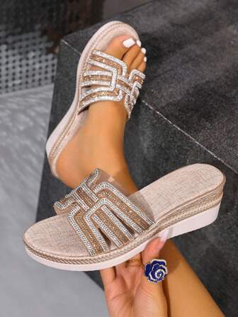 Women's Sexy Bohemian Rhinestone Wedge Platform Sandals, Thick Sole High Heel Open-Toe Fashion Slip-On Summer Solid Color