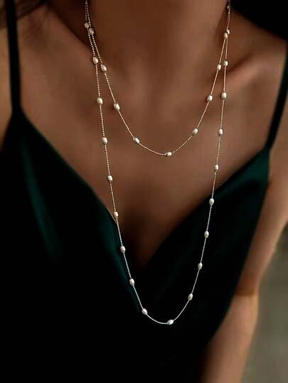 1 Pc Stainless Steel Silver Color Non-Fading Round Beads Design 100cm Long Necklace For Women, Fashion, Sexy, Suitable For Daily Wear, Party, Wedding