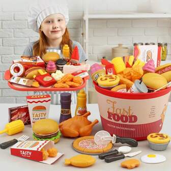 40/60/80 st. realistisk hamburgermåltids-fejkmatmodell, inklusive hamburgare, pommes frites, pizza, västerländska rätter, matlagningsspel för barn, pedagogiska köksleksaker för 3-6 år, utvecklar hand-öga-koordination och föräldra-barn-interaktion, praktiskt Montessori-material, födelsedags-/Halloween-/julpresent till barn