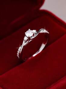 1pc Minimalist & Versatile 4-Claw Cubic Zirconia Round White Stone Engagement / Wedding Ring, Suitable For Women, Perfect For Weddings, Valentine's Day Gift