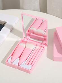 5 Pieces, Convenient Makeup Brush Set With Dressing Mirror, Convenient For Traveling, Plastic Brush Handle, Comfortable And Soft Grip, Foundation Powder, Smudge Eyeshadow Brush, Lip Brush, Small And Exquisite Facial Makeup Tools, As A Gift For Friends
