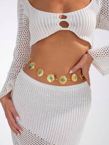 1pc Retro Exaggerated Spiral Disc Waist Chain, Bohemian Style Metal Shell Combination Waist Chain, Beach Holiday Party Jewelry Body Chain Accessory - Round Piece - View 14