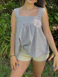 Women Y2k Going Out Tank Tops Gingham Square Neck Peplum Cami Tank Sleeveless Backless Bowtie Ruffle Peplum Babydoll Camisole Summer Going Out Cami Blouse - 棕色 - 查看 4