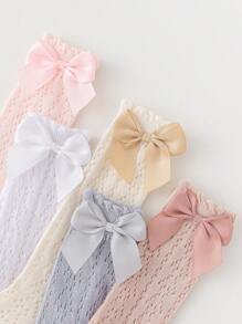 1 Pair Girls' Spring/Summer Mid-Calf Socks, Net Mesh Leg Warmers, Bow Decor Knee High Thin Socks