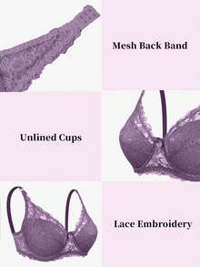 Women's Lace Lingerie Bra With Underwire, Lift And Support, Adjustable Back Closure, Sexy Semi-Sheer Purple, Summer - Purple - View 8