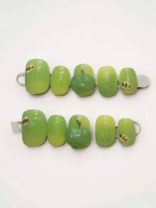 10 Pieces Handmade Press On Nails,Fake Nails,Summer Nails,Beauty Nail Art,Green Handmade Press-On Nails,3D Apple,Short Nails Fake,Suitable For Women And Girls For Daily Or Holiday Wear, High-End Quality.