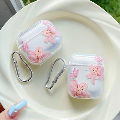 Pink Bluetooth Earphone Case 1 Set Flower Lily, Butterfly, Transparent Earphone Cases With 1 Earphone Case Strap Holder, Compatible With AirPods, Pro, 3, Pro (2nd Gen), 1/2, 4 Spring