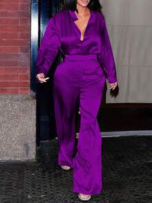 Conjunto de 2 piezas Blusa y pantalones de mujer de unicolor elegante, para otoño