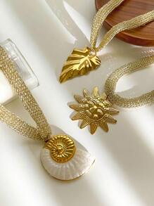 Monlansher New Stainless Steel Exaggerated Seashell, Leaf, Sunflower Pendant Necklace With Lace Mesh Chain, Fashionable & Necklace For Women