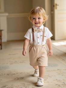 2pcs/Set Baby Boys Gentleman Outfit Bow Tie Shirt & Suspender Shorts, For Party, Birthday, Mother's Day