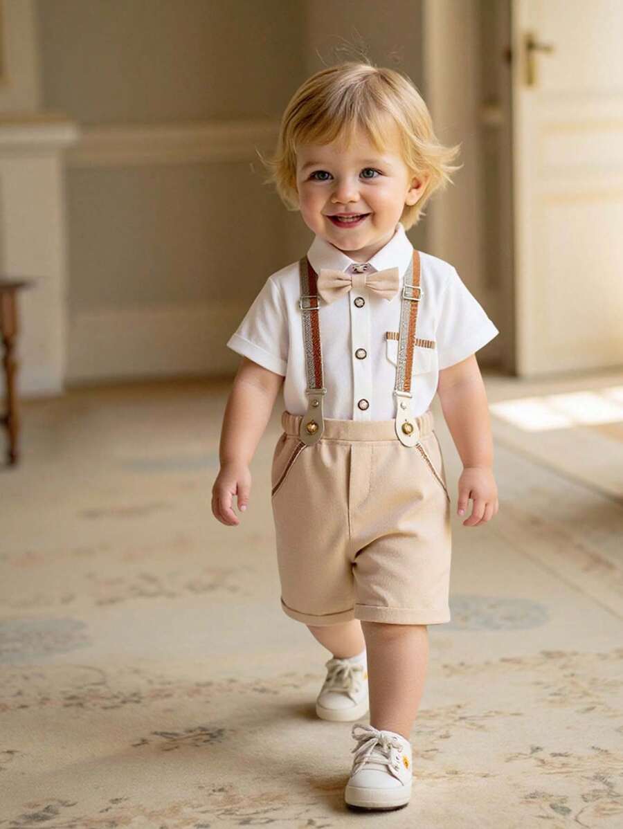 2pcs/Set Baby Boys Gentleman Outfit Bow Tie Shirt & Suspender Shorts, For Party, Birthday, Mother's Day
