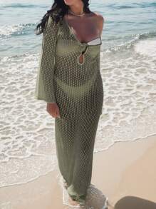 Spring-Summer Crocheted V-Neck Backless Ruched Waist Bodycon Dress For Holiday,Beach Vacation