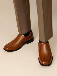 Men's Black Slip On Leathers Lined Square Toe Dress Loafers Shoes For Casual Weekend Formal Work - Brown - View 2