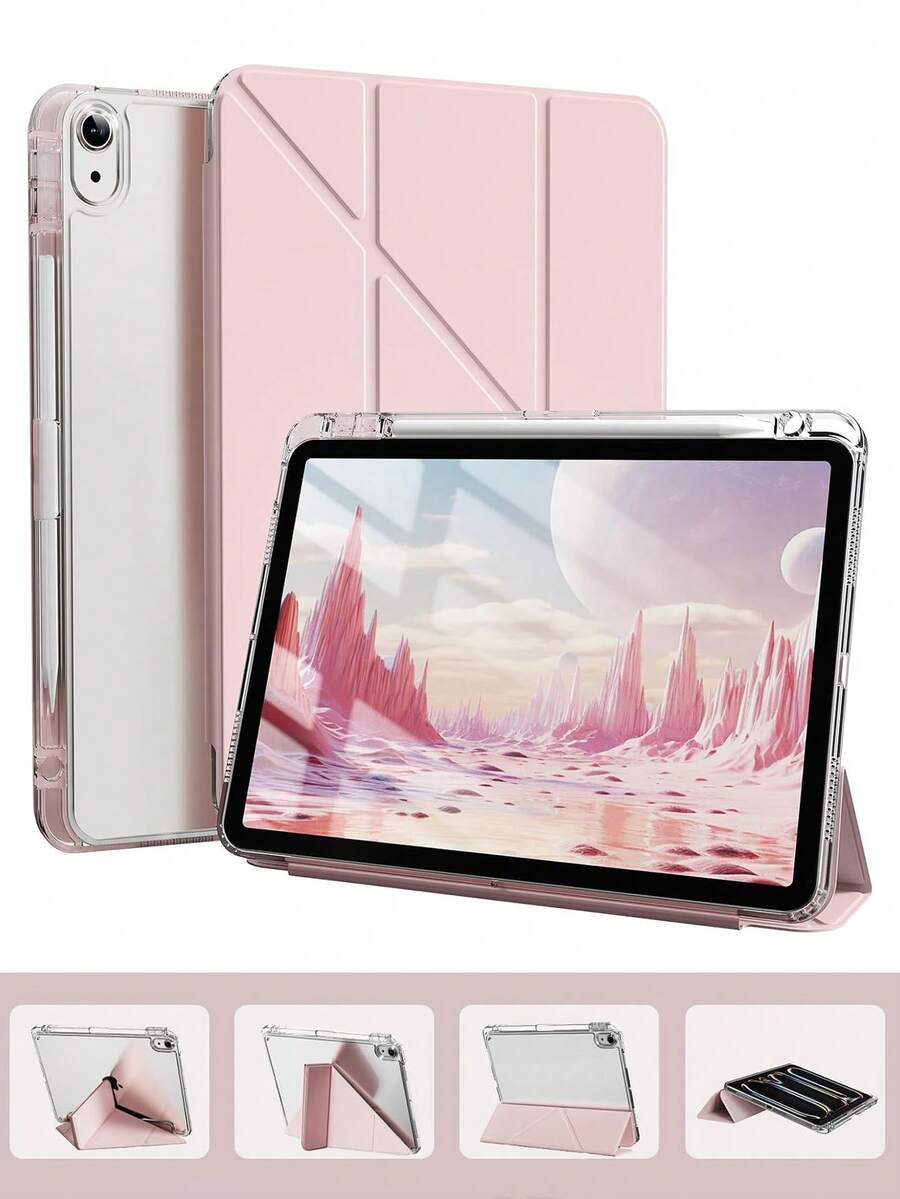 Pink Solid Color Material Basic Pad Case Slim & Fashionable Transparent Protective Case With Pencil Slot And Multi-Angle Y-Shaped Stand, Suitable For 10th Gen 10.9" (2022), 11th Gen 11" (2025), Air 4th/5th Gen, Pro (2021/2022/2024) Spring Easter Mommy Gift Birthday Office Gift, Back To School