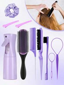 1/3/7/10 piezas Masajeador cabelludo de silicona, peine de cola de rata y set de cepillo de limpieza de cabello con botella rociadora. El cepillo de limpieza y masaje está equipado con cerdas suaves, ganchos para el cabello de cocodrilo, lazos elásticos de satén y un cepillo para el cabello con control de bordes. Es una herramienta de cuidado del cabello adecuada para todo tipo de cabello. Es un imprescindible para viajar y un regalo perfecto para niños. Es adecuado para uso diario y para vacaciones. - Morado - Ver 14