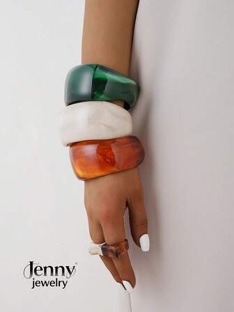 3 Pcs/1pc European And American Bestsellers, Stylish Combination, Retro, Exaggerated Personalized Wide Face, Women's Resin Asymmetrical Bracelet Suitable For Daily Wear, Festive Wear Bohemian Style.(Hand-Dyed With A Marblingeffect. Colors Are Randomly Selected For Shipment.)