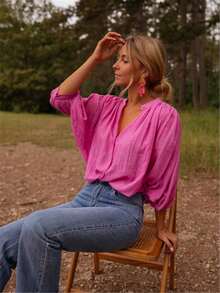 Women's Elegant Light Ruffle Sleeve Button Down Blouse, Spring Summer Loose Casual Chiffon Shirt With Pleated Bell Sleeves, Polyester Fabric, Classic Collar Design - Rose Red - View 4