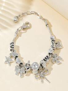 1 Peça Pulseira Feminina Luxuosa e Elegante, Feita à Mão com Contas, Strass, Laço, Estrela, Nota Musical, Ajustável e Destacável, Adequada como Presente para Mulheres, Apropriada para Bar, Balada, Viagem, Festa, Uso Casual Diário - Prata - Visão 6