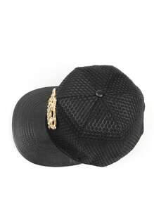 1pc Men's Metal Crown Decor PU Brim Casual Snapback Hat, Adjustable Sun Protection Outdoor Hat, Spring & Autumn