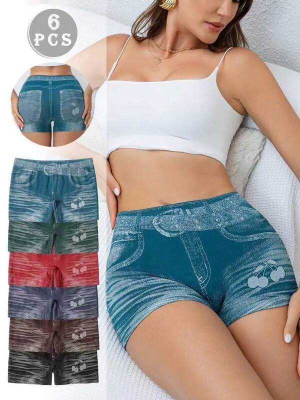 6pcs Solid Cherry Print Seamless Knit Denim Shorts - Opaque, Minimalist Style, Hand Washable, Autumn Series