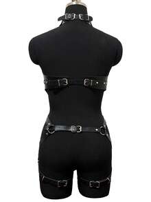 女士可调节皮革紧身胸衣，哥特朋克内衣笼式胸罩狂欢装手工系带连体裤配饰