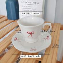 Ins 风格白色红色蝴蝶结图案杯子，微波炉适用陶瓷杯，咖啡杯，茶杯带碟套装 - 蝴蝶圖案 杯碟套裝 - 查看 3