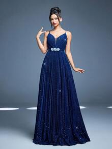Elegant Women's Blue Sequin Maxi Dress With Spaghetti Straps And Pleated Hem Backless Lace Up Design