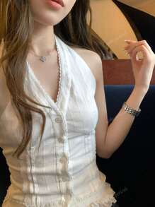 Lace Fitted Halter Neck Sleeveless Top, Slimming
