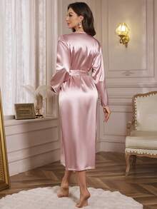 1 pieza Elegante pijama de mujer de primavera/verano de seda suave de unicolor, bata de manga larga de corte holgado, ropa de estar en casa transpirable adecuada para uso doméstico - Rosa - Ver 5