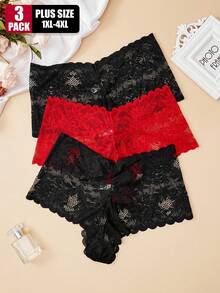 3 件大码女式内裤，舒适透气性感纯色蕾丝边高弹性