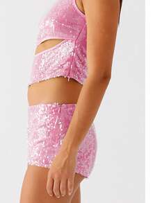 Sequins Shorts For Women Sequin Sparkle Elastic High Waist A Line Party Concert Shorts - Pink - View 3
