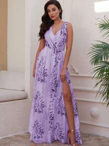 Vestido largo de verano con estampado floral, cuello en V, sin mangas, con abertura lateral para mujer - Boho, vacaciones, vestido de verano, boda, vestidos de vacaciones para mujer, Old Money, traje de San Patricio, vestido de Pascua para mujer, vestido escotado por detrás, atuendo de vaquera, vestido de novia - Morado - Ver 6