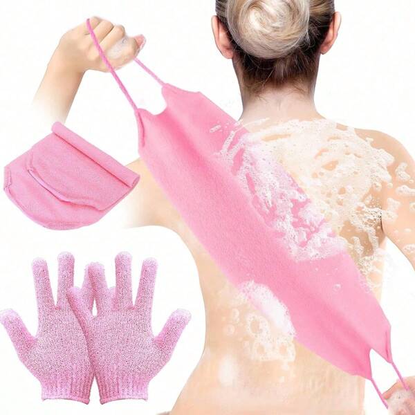 3pcs Exfoliating Gloves And Back Scrubber Set, Polyester Body Towels For Men And Women, Suitable For Shower Skin Cleansing