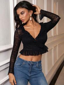 PARTHEA Elegante Damen Spitzen V-Ausschnitt Rüschen Kurztop mit langen weiten Ärmeln und hochelastischem Stoff