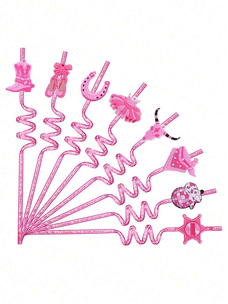 8 件粉色牛仔吸管牛仔派对礼品可重复使用塑料 8 件西部牛仔生日派对装饰马派对用品，可重复使用透明吸管，适用于冰茶、果汁、牛奶、鸡尾酒、冷饮、饮品和工艺品，适用于日常、生日派对、婚礼、周年纪念派对装饰派对用品家居用品、厨房、礼物 - 彩色 - 查看 1