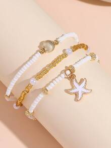3 件/套女孩海星和贝壳串珠脚链，多层简约时尚脚链套装 - 彩色 - 查看 9