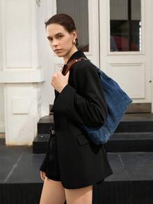 Women's Fashionable Tote Bag With Distinctive Wooden Handle Design, Chic And Versatile, Large Capacity Denim Effect With Elegant Feel, Suitable For Going Out, Dates, Photography, Commuting, Work, Office Daily Use Winter Gifts - Blue - View 2