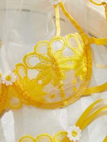 ROMWE Kawaii Style Dream 女士性感黄色花卉刺绣内衣套装，薄纱文胸和丁字裤，浪漫甜美氛围超薄文胸 - 黃色 - 查看 3