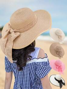 1 件女童 12-16 岁蝴蝶结丝带沙滩草帽，大遮阳帽檐夏季度假防晒遮阳宽边太阳帽，多功能