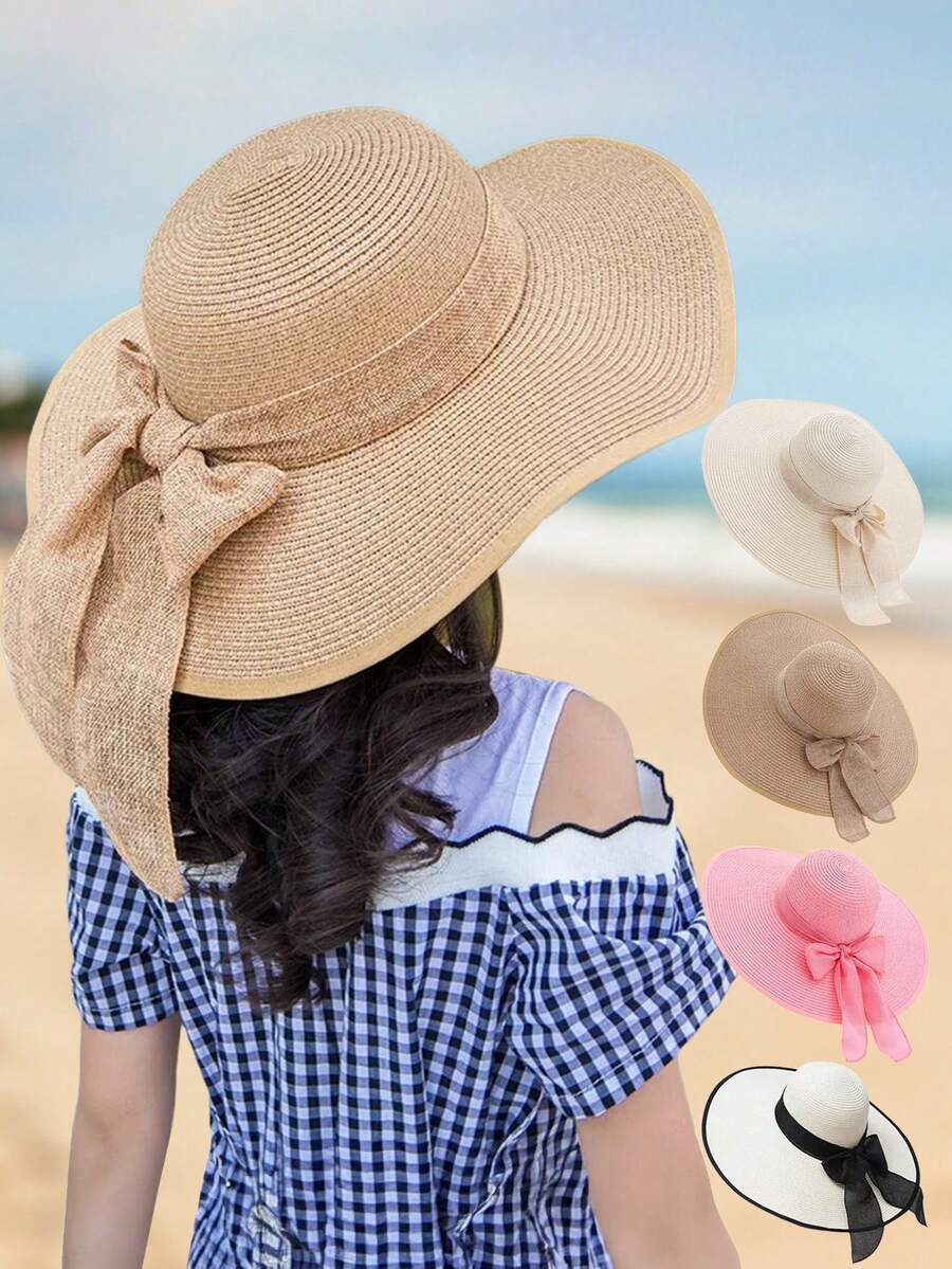 1 件女童 12-16 岁蝴蝶结丝带沙滩草帽，大遮阳帽檐夏季度假防晒遮阳宽边太阳帽，多功能