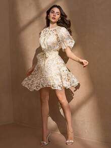 Elegant Romantic Cutout Button Collar Puff Sleeve Women's Cute Style Dress + Dress Two Pieces Set - Multicolor - View 7