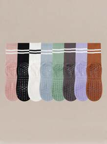 1/4/6 Pairs Women Striped Yoga Sports Socks, Spring/Summer Silicone Non-Slip Fitness Indoor Sports Mid-Calf Socks