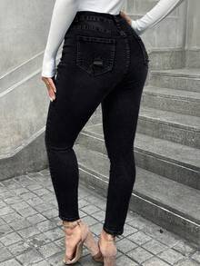 Elastic Single-Breasted Women's Skinny Casual Denim Pants - Black - View 6