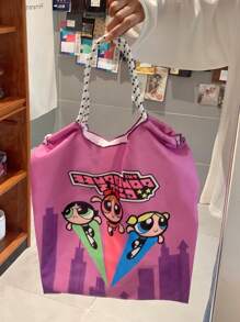 THE POWERPUFF GIRLS Japanese Style Versatile Cartoon Canvas Bag, Tote Bag For Women With Large Capacity, Shoulder Bag, Embroidered Beach Bag, Nylon Shopper Bag