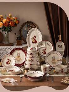 1 件复古陶瓷碗盘套装，兔子图案，英式风格，高品质乔迁礼物，日常餐具 - 彩色 - 查看 4